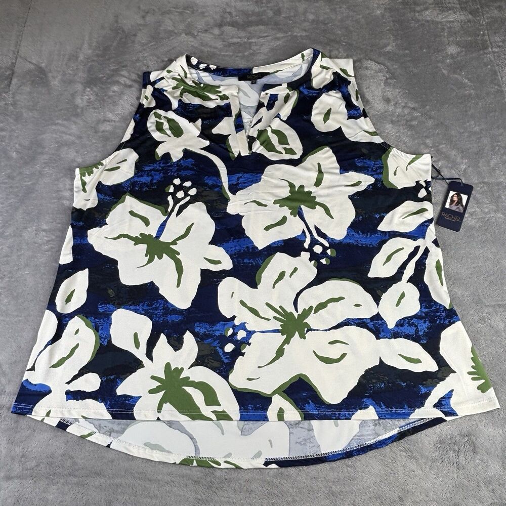 Rachel Roy Top Womens 1X Blue Blouse Floral Sleeveless V-Neck White Hibiscus New - Picture 7 of 11